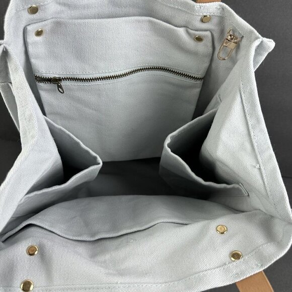 Feed Tote Bag Canvas Glacier Grey Tan Leather Gold Hardware Handbag No Closure - Picture 8 of 12